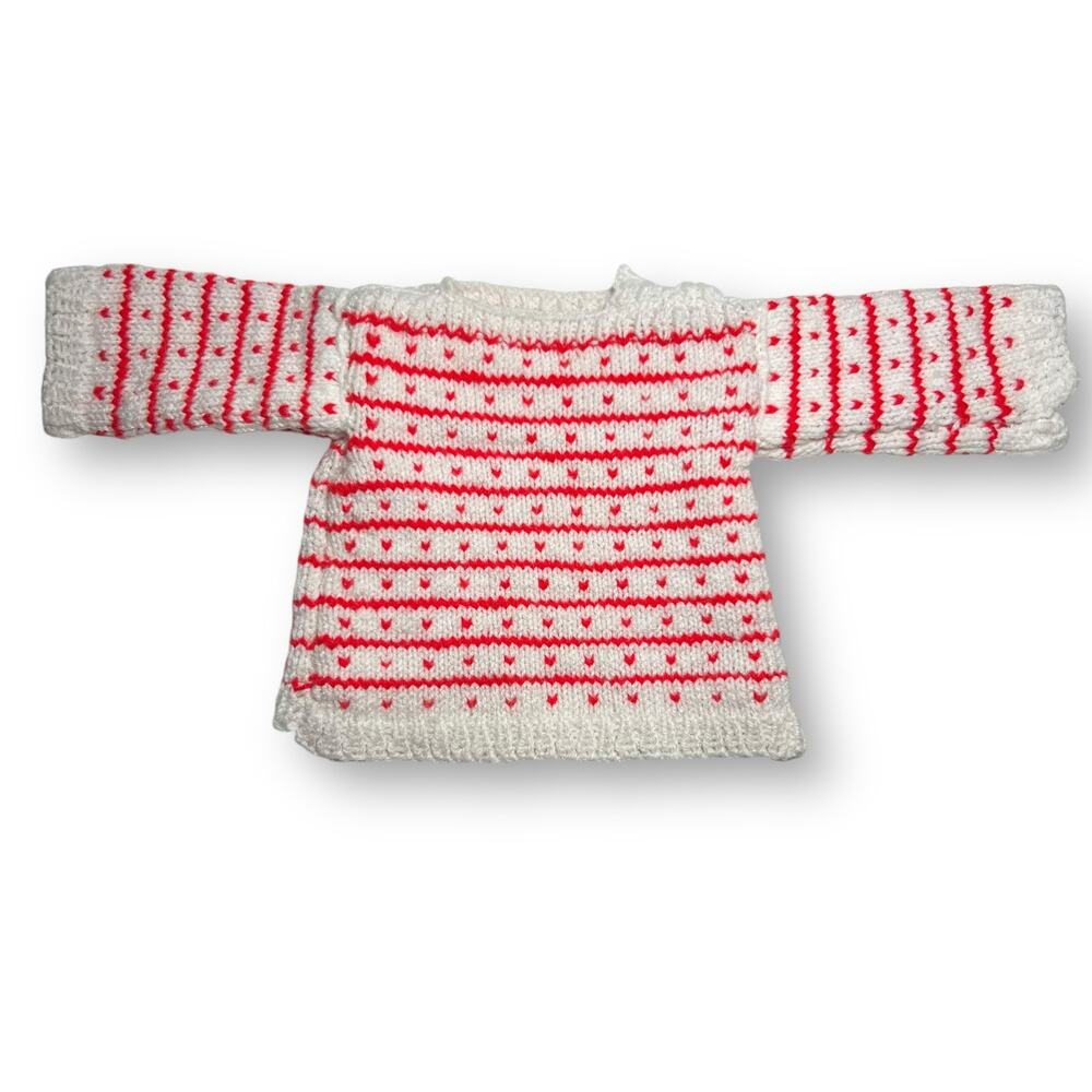 Vintage 90s Hand Knit Baby White Red Hearts Crew Neck Sweater